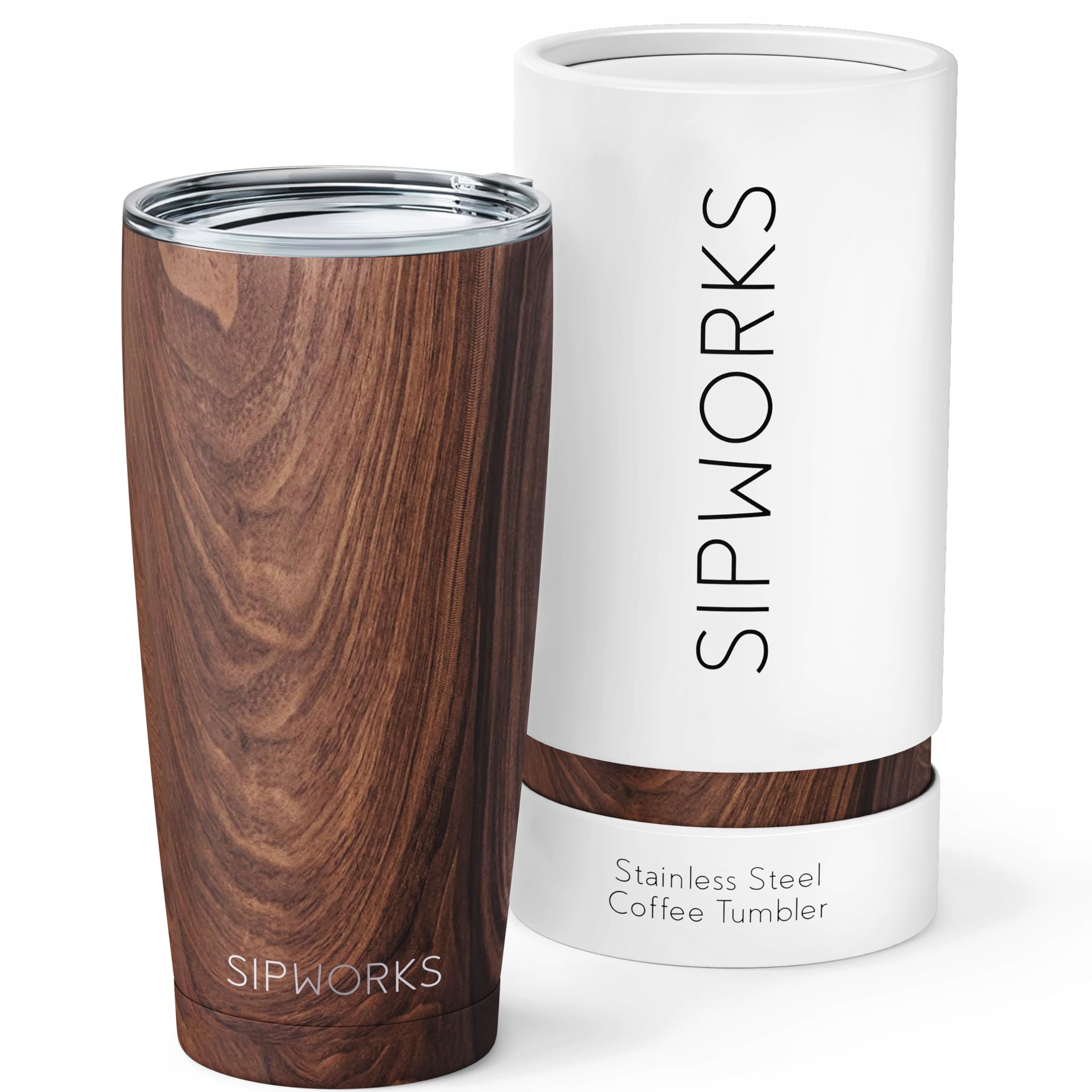 Sipworks coffee tumbler with mahogany finish and lid for hot and cold drinks on the go.