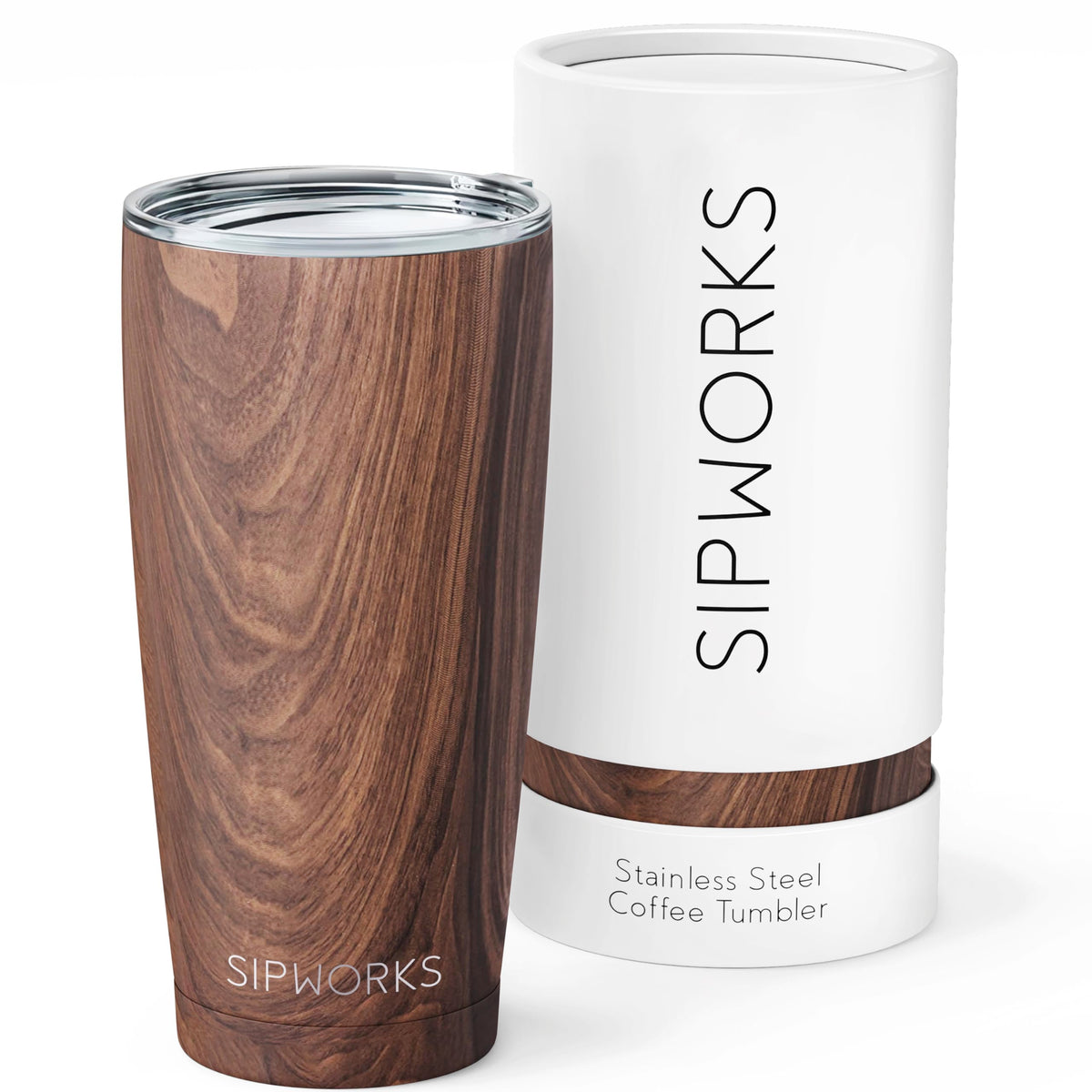 Sipworks coffee tumbler with mahogany finish and lid for hot and cold drinks on the go.