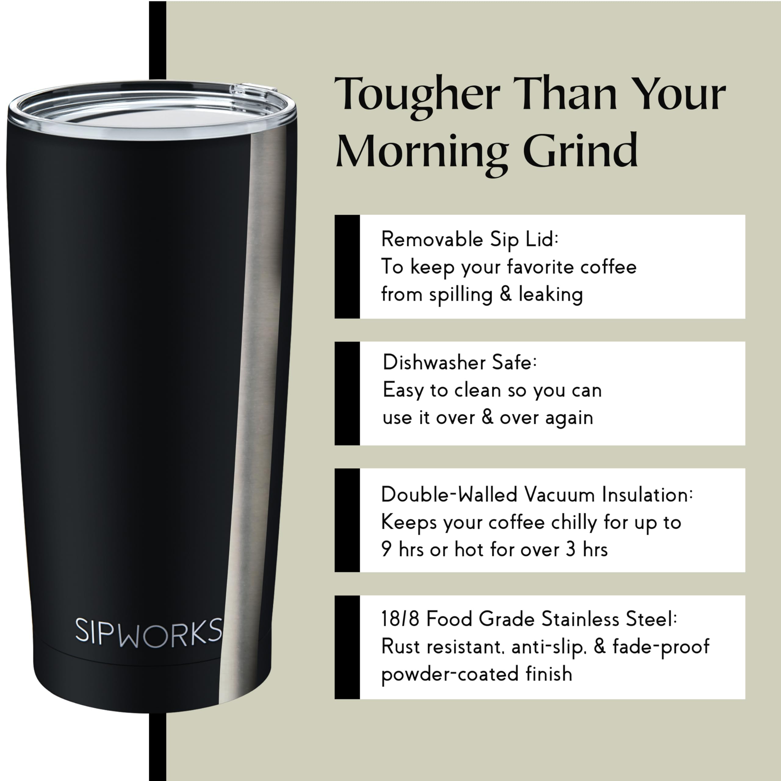 Sipworks coffee tumbler with spill-proof lid for mess-free travel and office use.