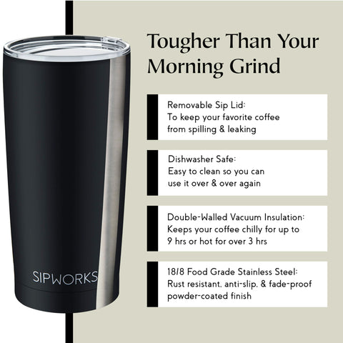 Sipworks coffee tumbler with spill-proof lid for mess-free travel and office use.
