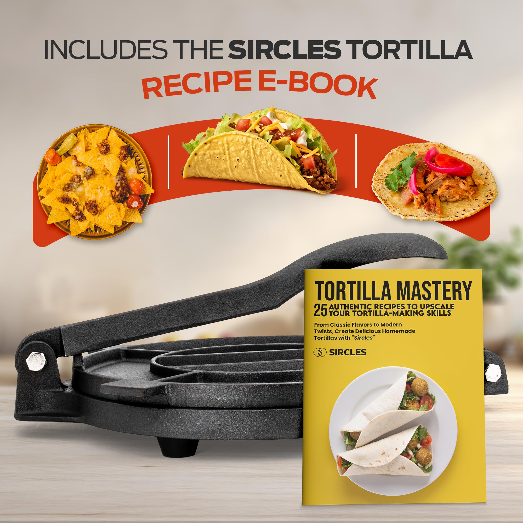SIRCLES tortilla press with the 50-recipe e-book for diverse meals.