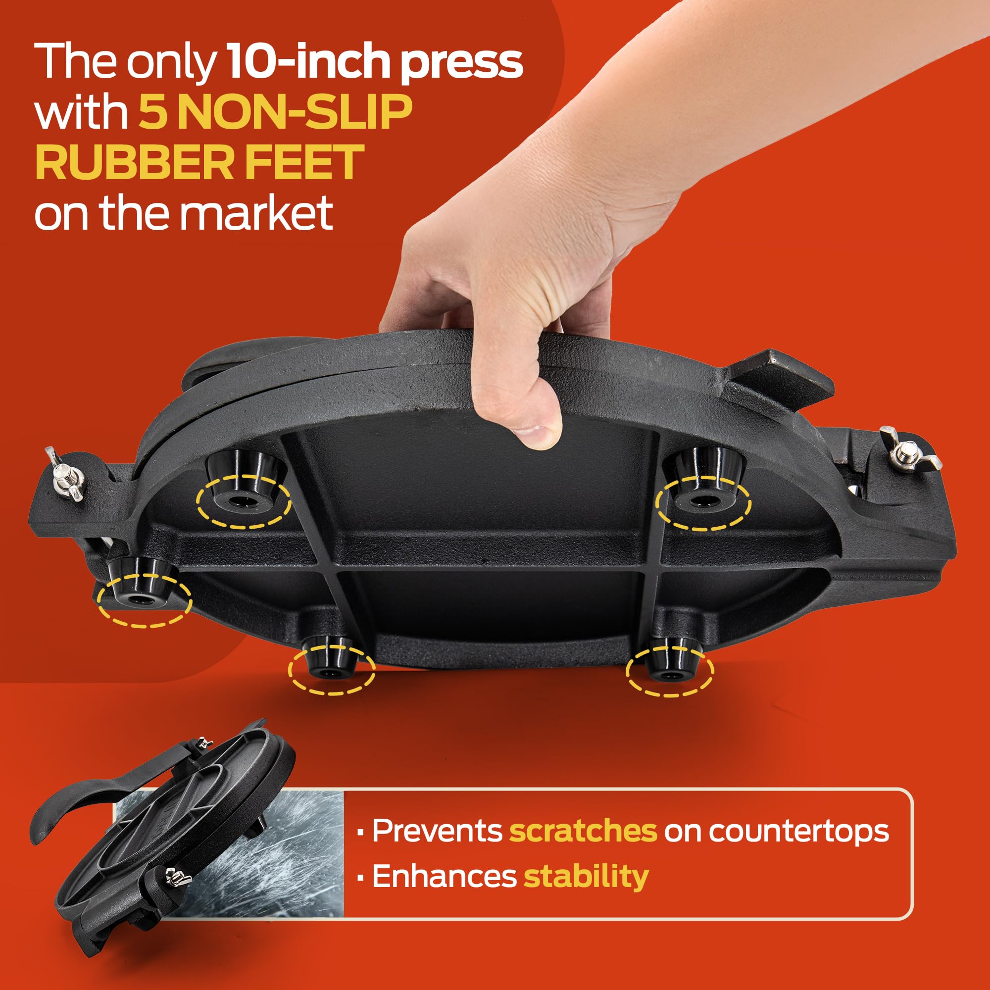 SIRCLES press with stable base and non-slip feet ensures steady pressing on any counter.