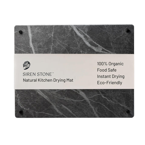 Siren Stone dish drying mat on kitchen counter dries efficiently while adding a sleek accent.