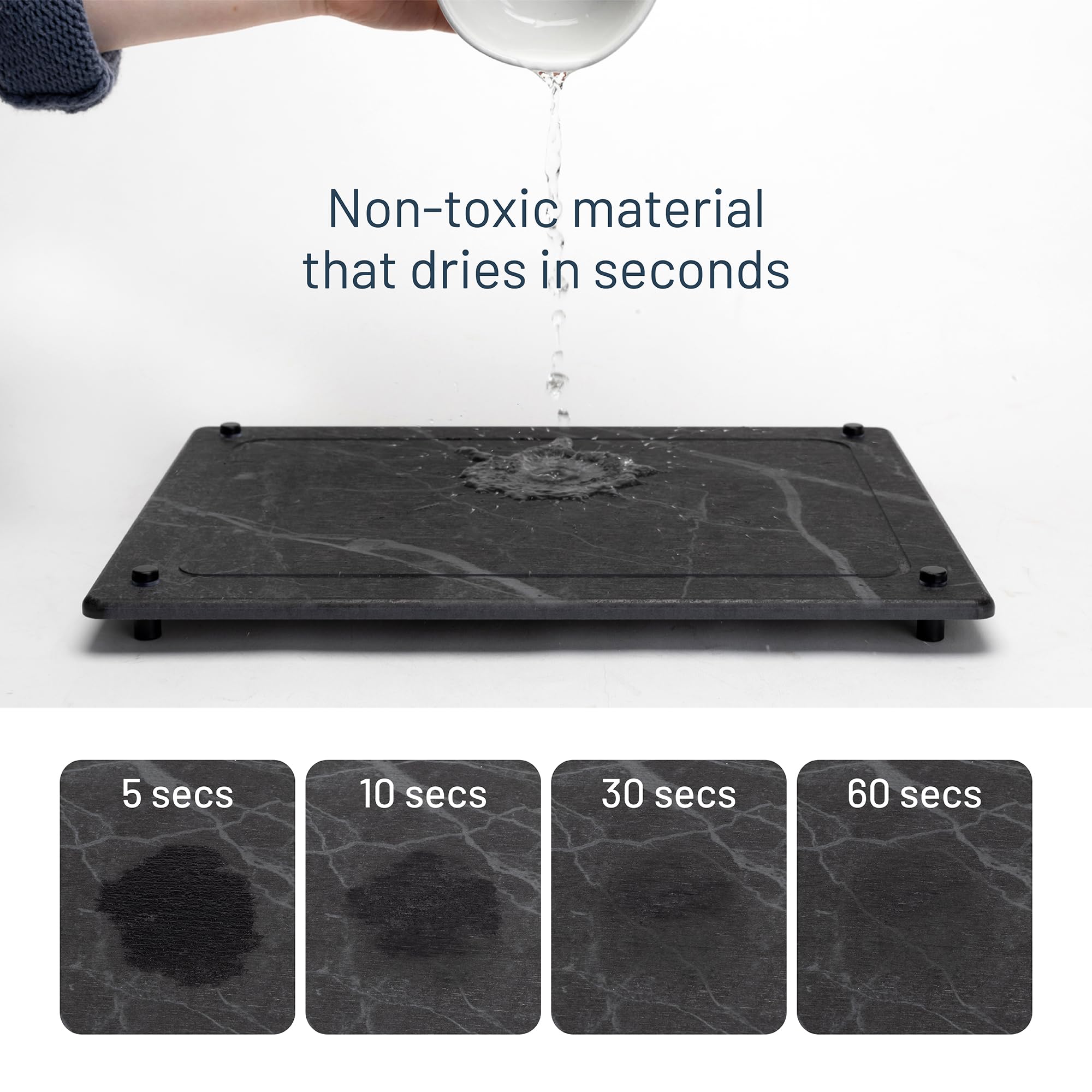 Siren Stone mat with dishes drying for a tidy, clutter-free counter.