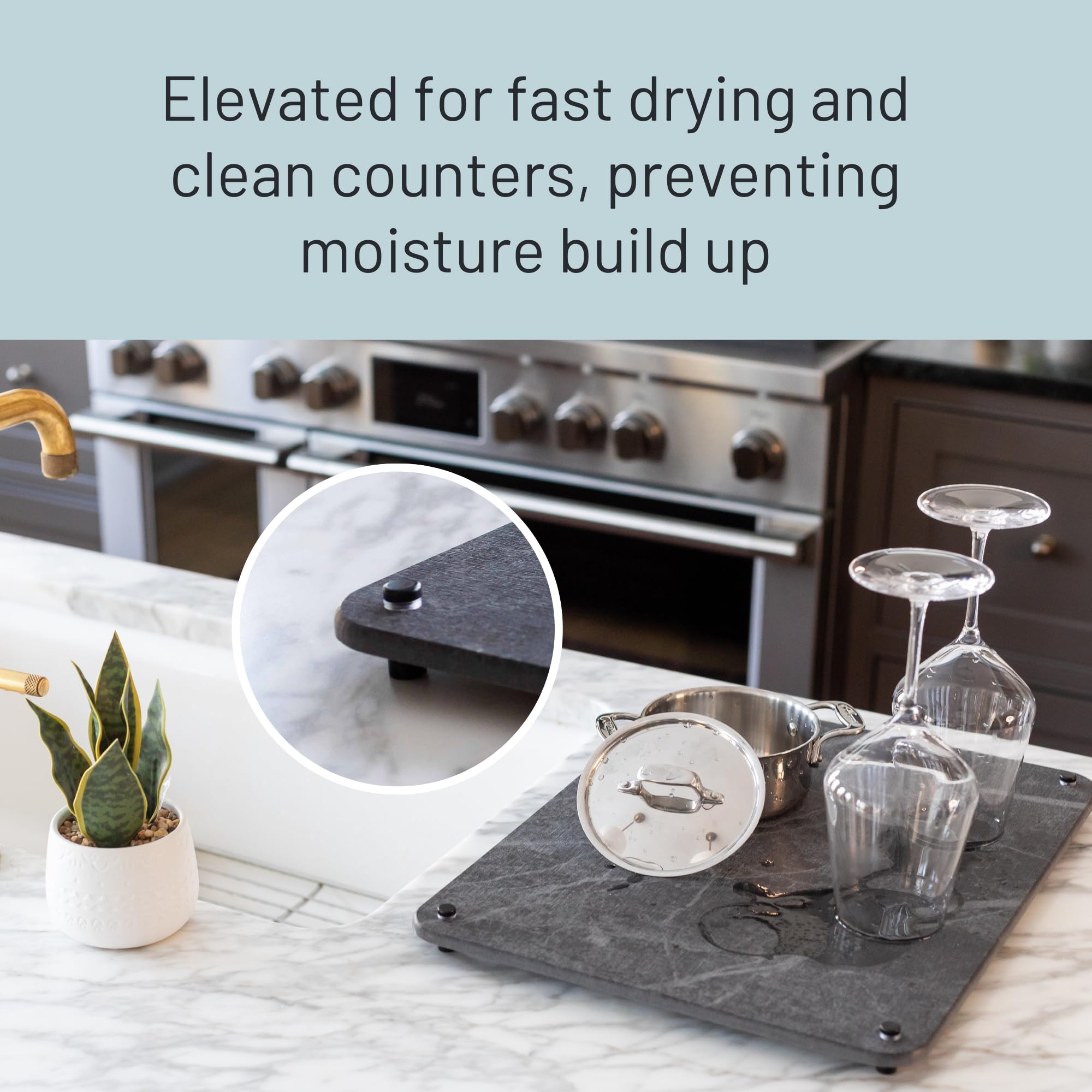 Siren Stone mat doubles as a plant saucer in a modern kitchen.