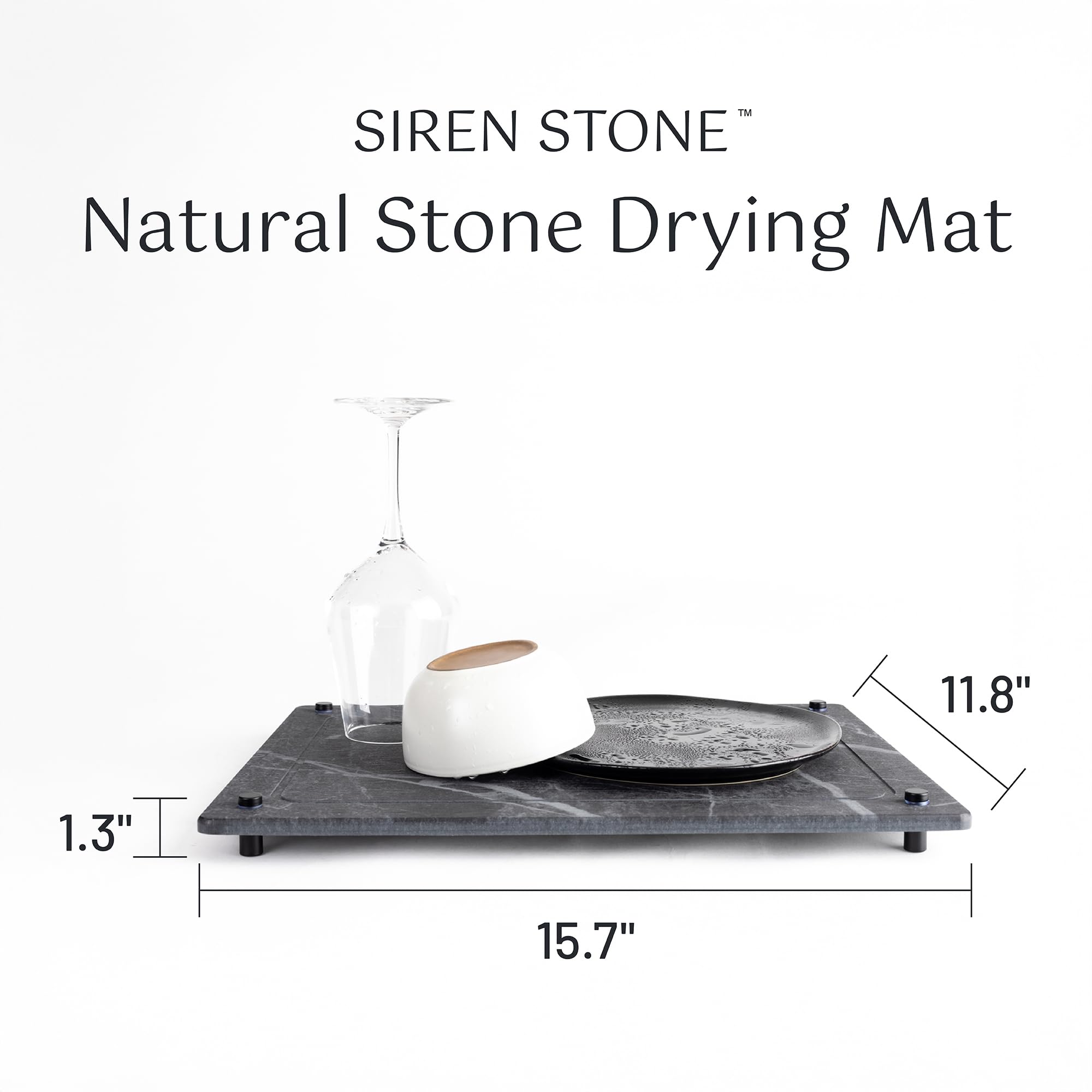 Siren Stone drying mat side view highlights a slim profile for limited counter space.