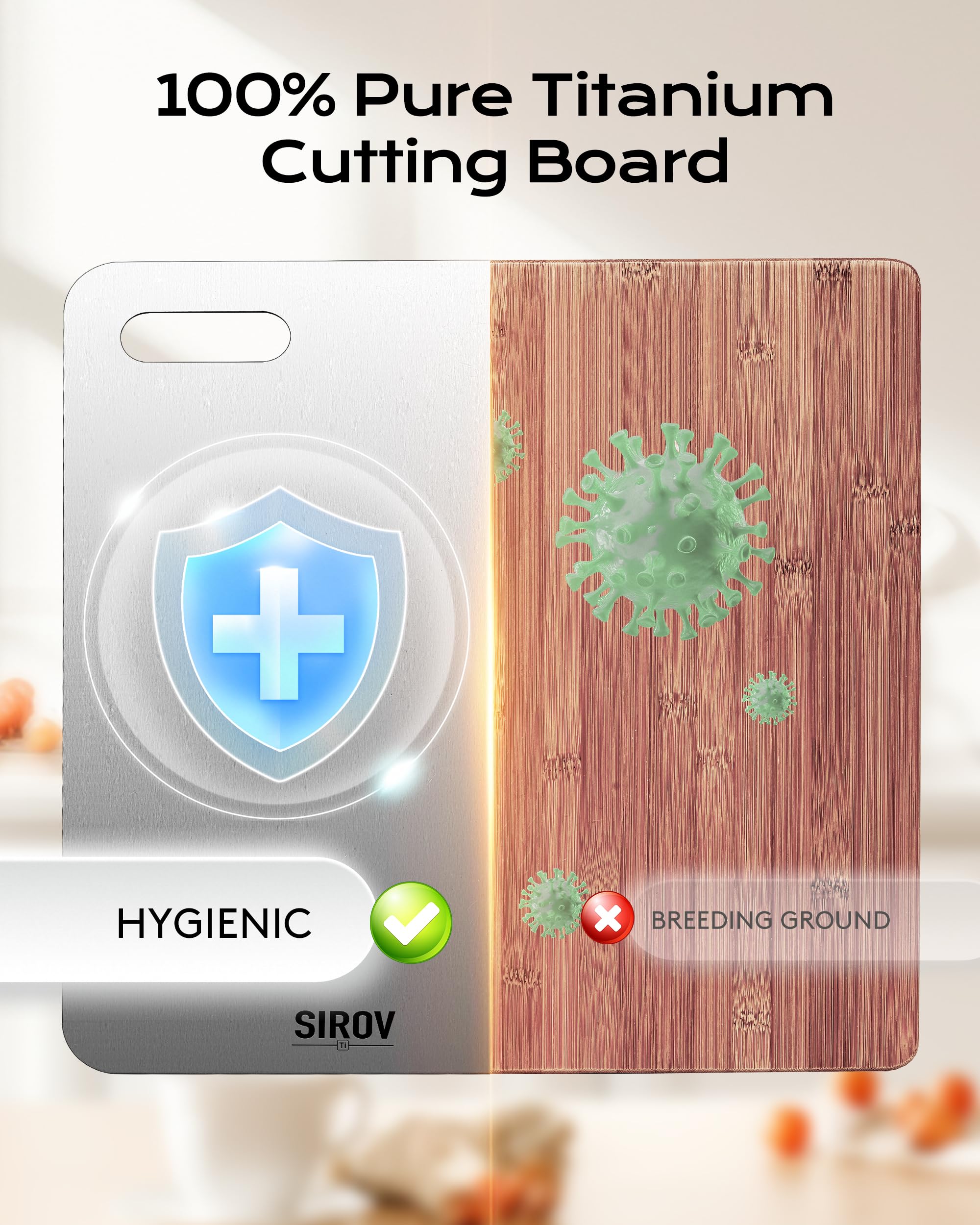 Sirov titanium cutting board in dishwasher-safe setup for easy cleanup.