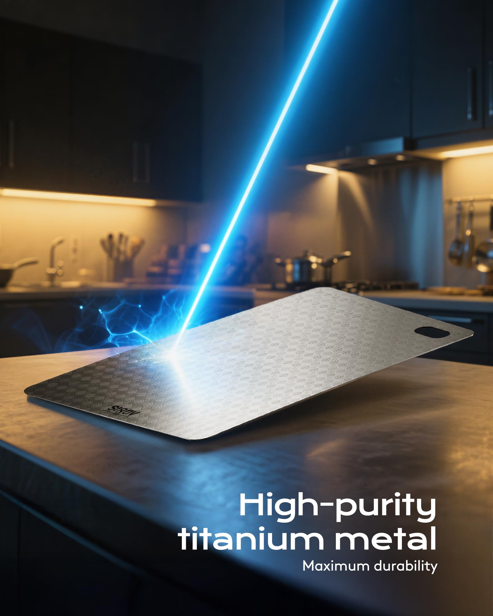 Sirov titanium cutting board dishwasher-safe feature indicates easy cleanup after cooking.