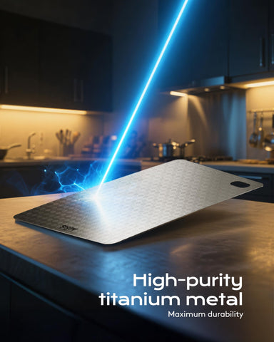 Sirov titanium cutting board dishwasher-safe feature indicates easy cleanup after cooking.