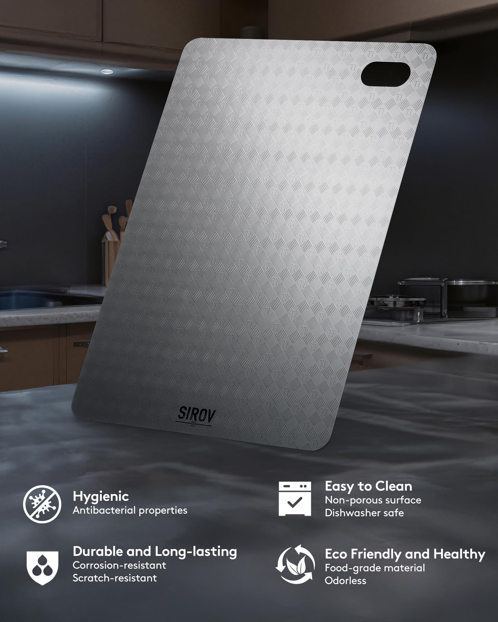 Sirov titanium cutting board hygienic surface resists stains and odors for long-lasting cleanliness.