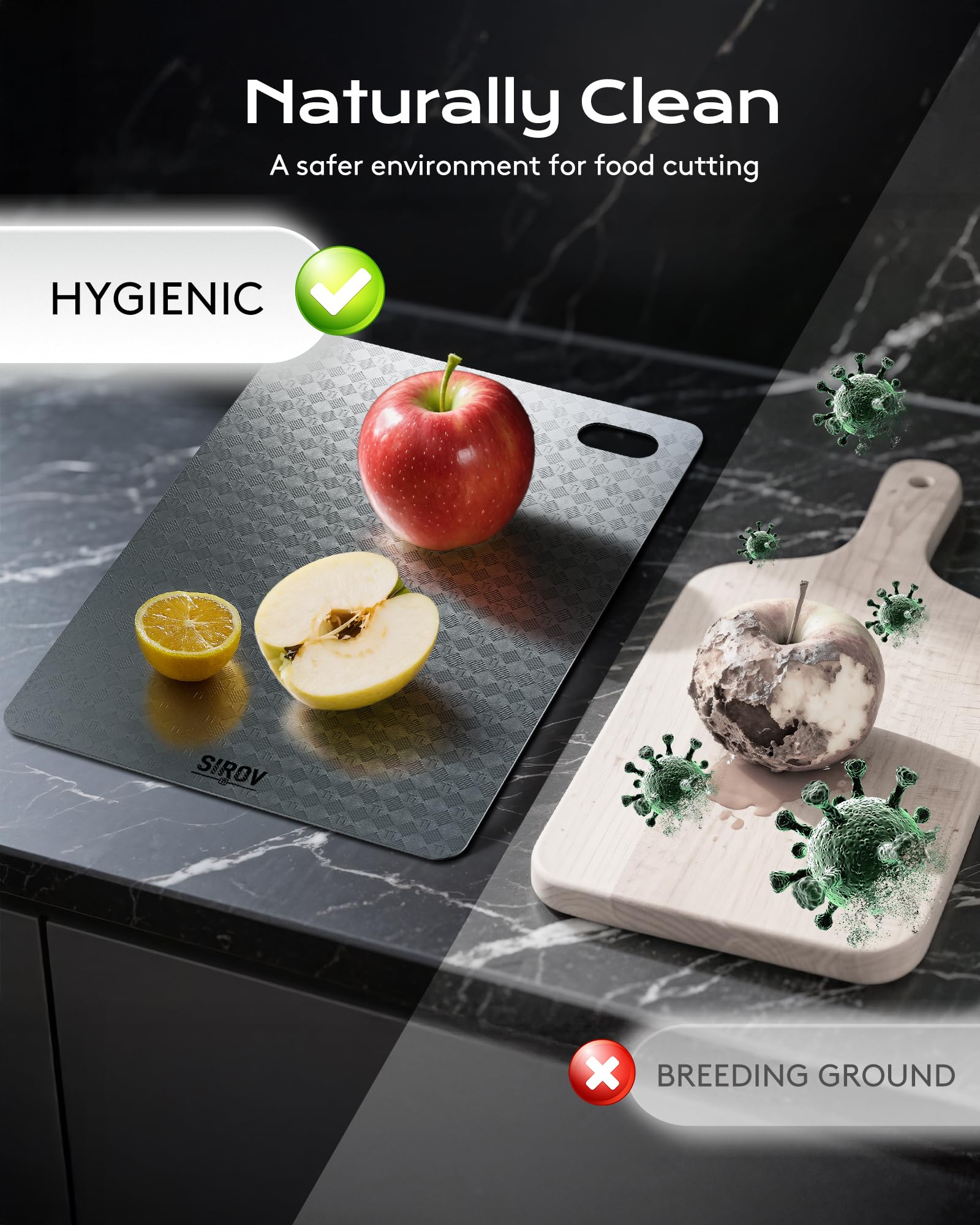 Sirov titanium cutting board in kitchen scene demonstrates hygienic, non-porous surface for safe food prep.