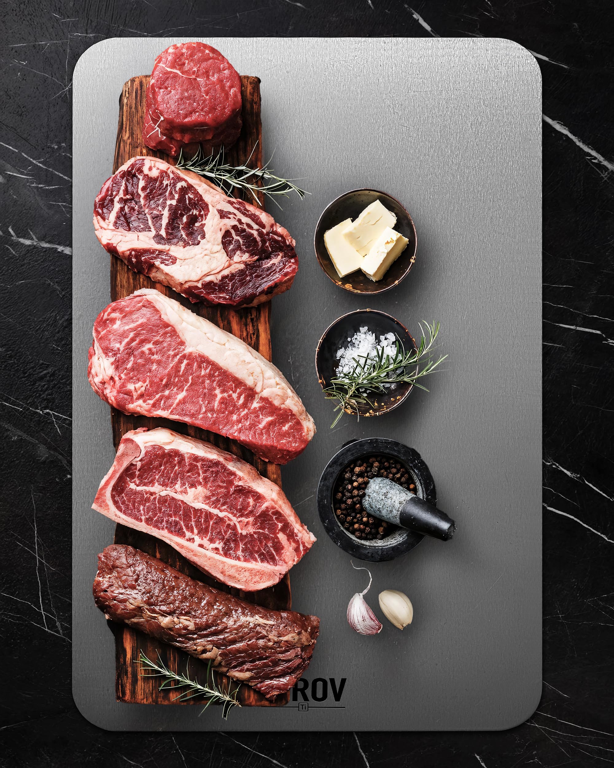 Sirov titanium cutting board in a kitchen setup highlighting durability.
