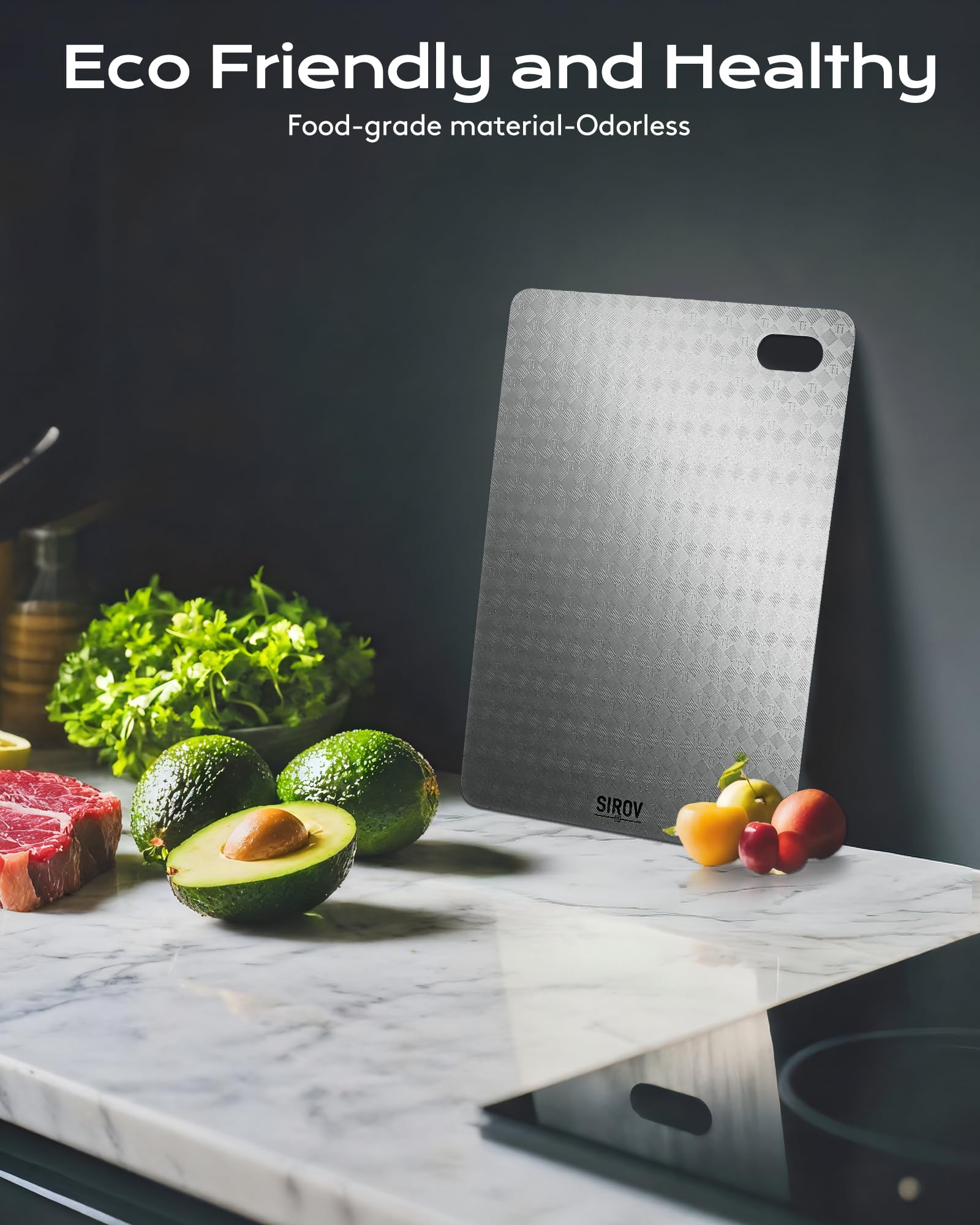 Sirov titanium cutting board lightweight design supports portable use in kitchen, camping, or travel.