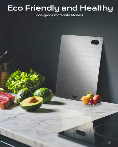 Sirov titanium cutting board lightweight design supports portable use in kitchen, camping, or travel.