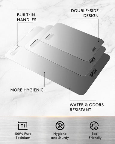Sirov titanium cutting board during meat prep with a safe, non-absorbent surface.