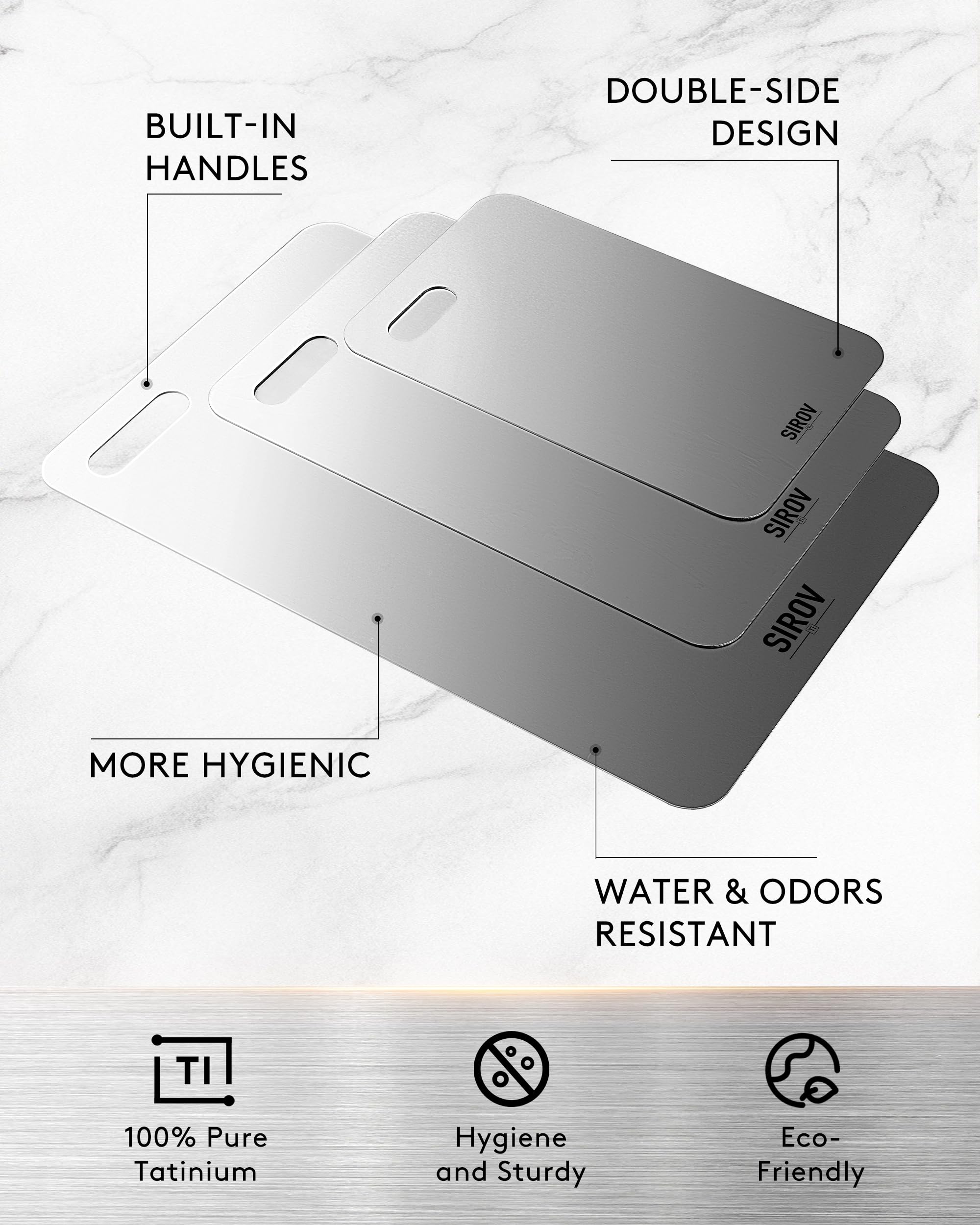Sirov titanium cutting board for raw meat and seafood prep, odor resistant.