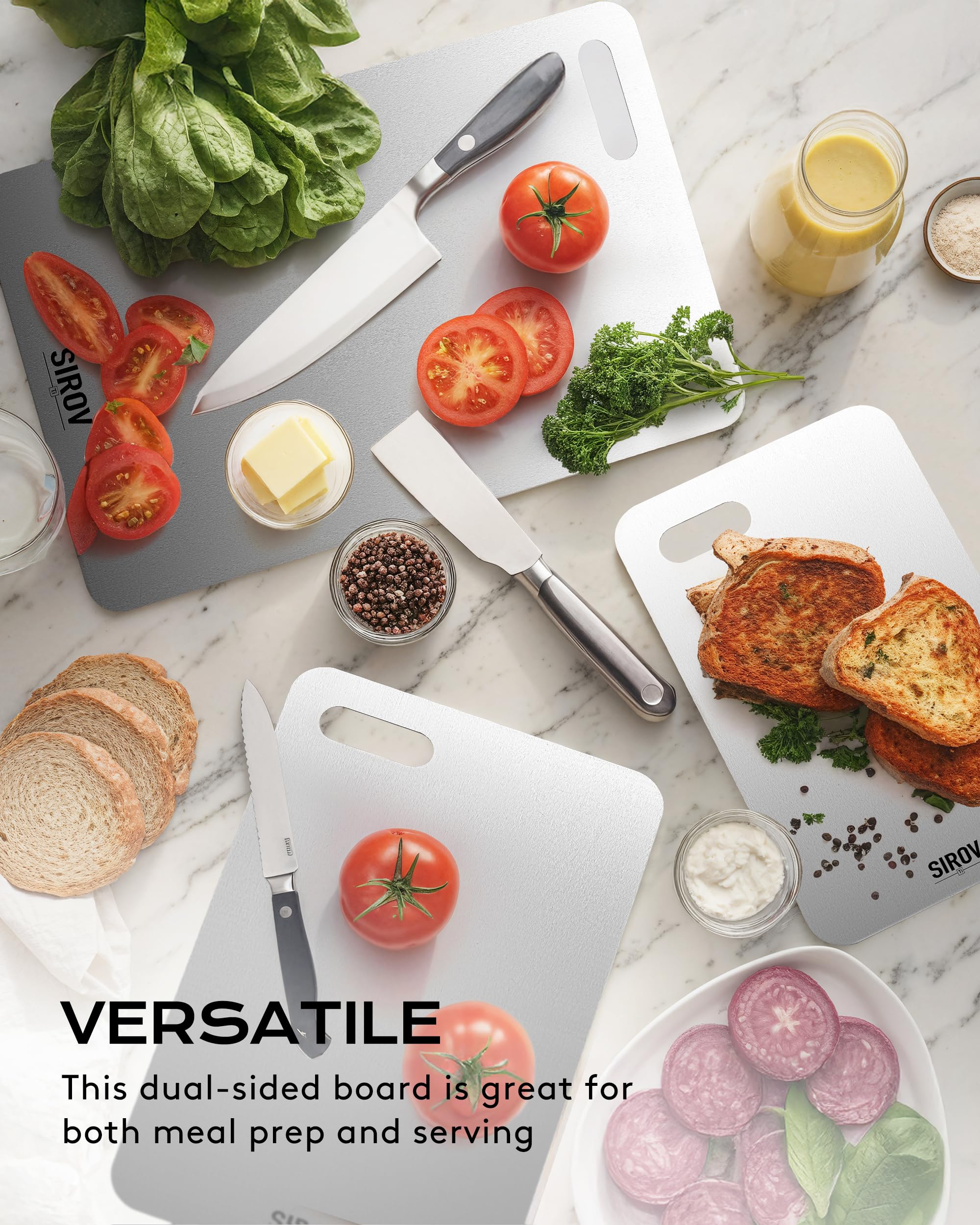Sirov titanium cutting board with raw meat for safer meat preparation