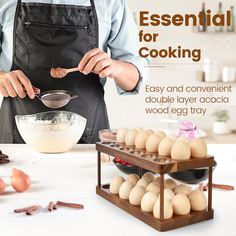 Sishynio acacia egg tray with dark finish adds rustic charm and organization.