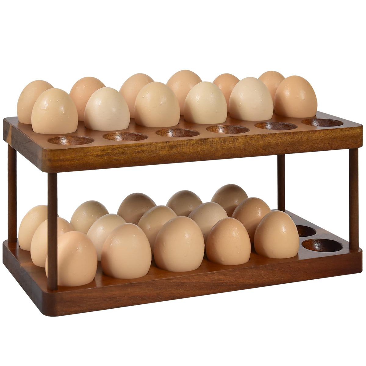 Sishynio wooden egg holder 2-tier on countertop keeps eggs tidy and accessible.