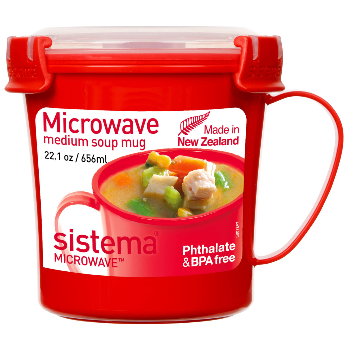 Sistema microwave soup mug lid-steam-vent ideal for splatter-free reheating at home.