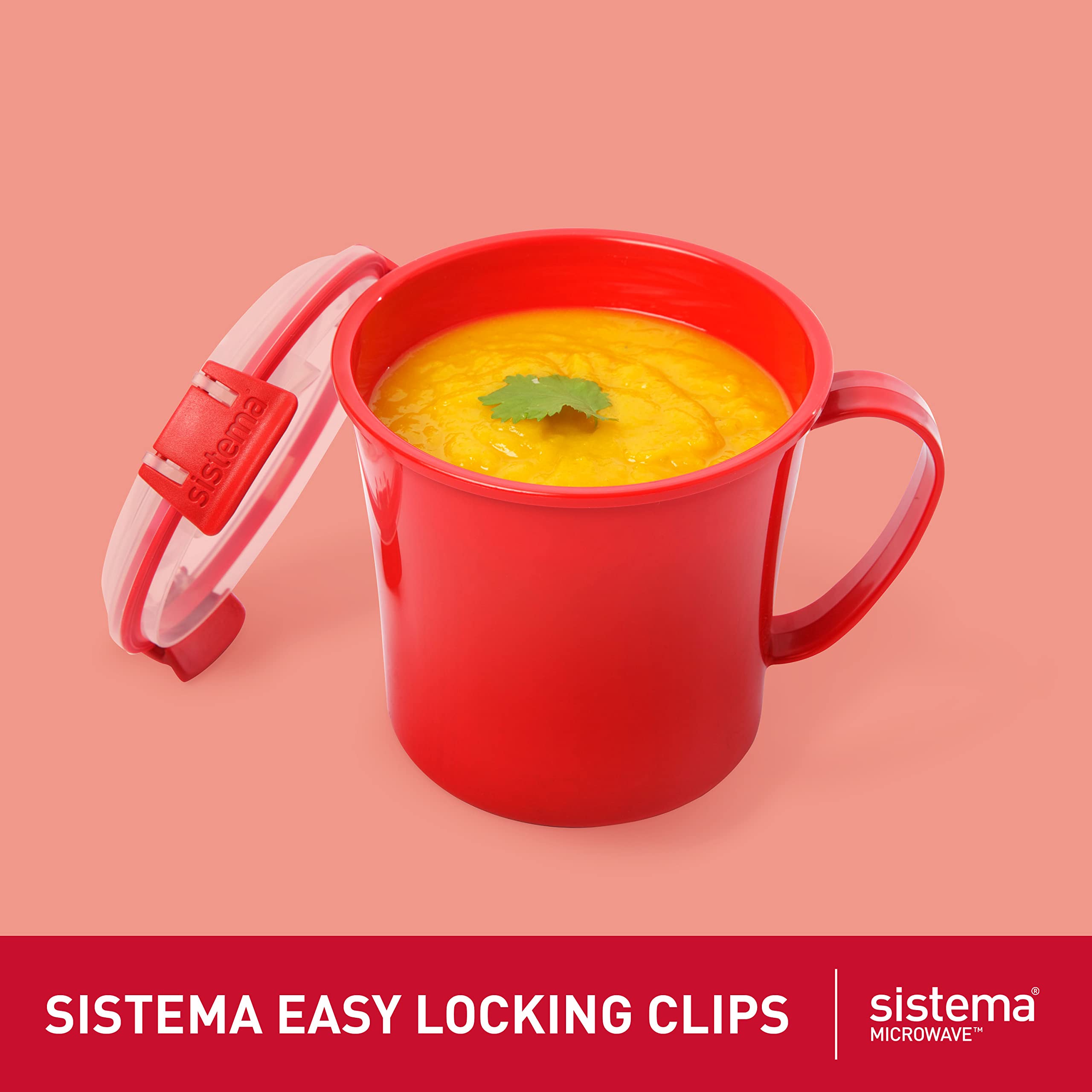 Sistema soup mug cool-touch-tabs keeps hands safe while lifting hot contents.