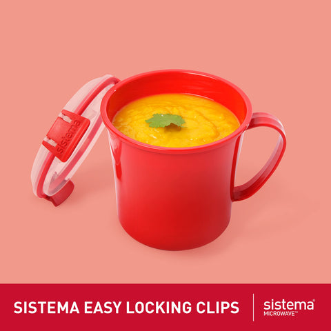 Sistema soup mug cool-touch-tabs keeps hands safe while lifting hot contents.