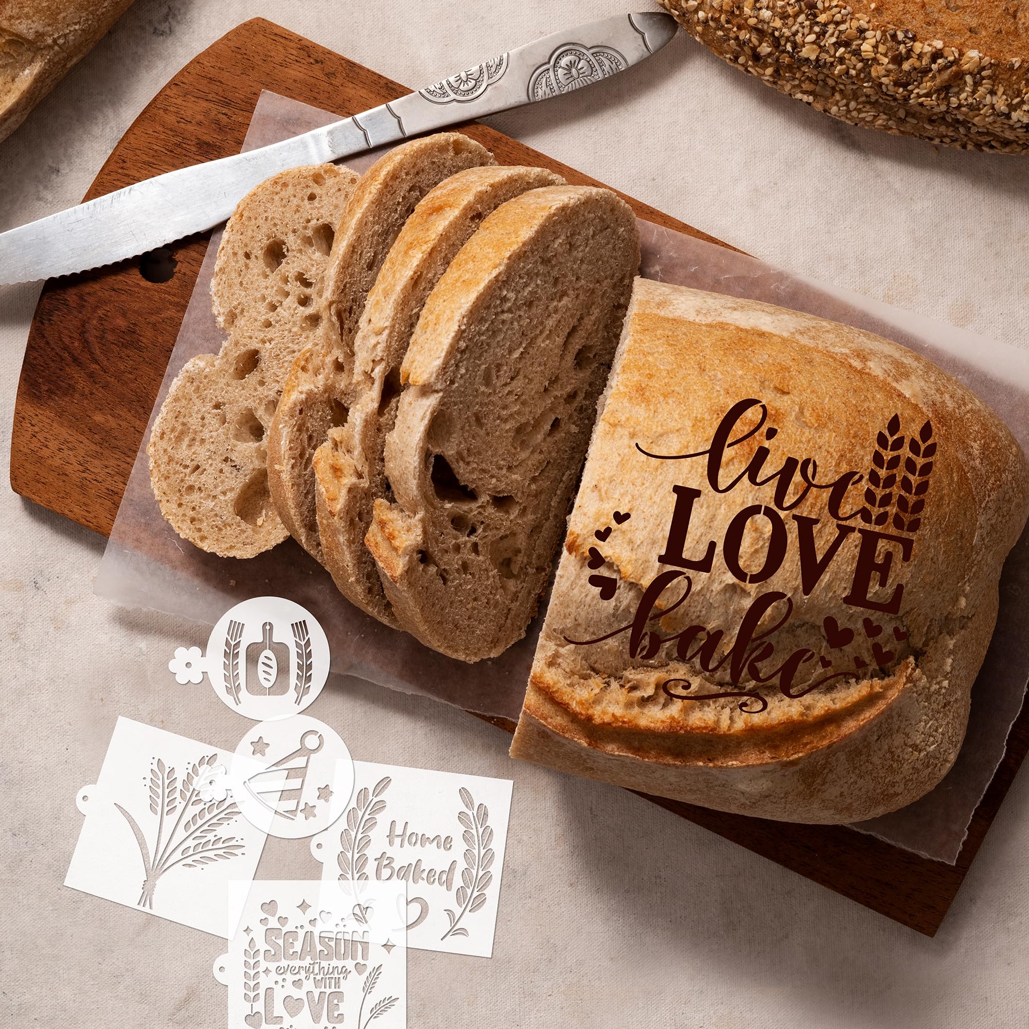 Sitsink 6x6 daisy pattern stencil adds delicate flour details to loaves.