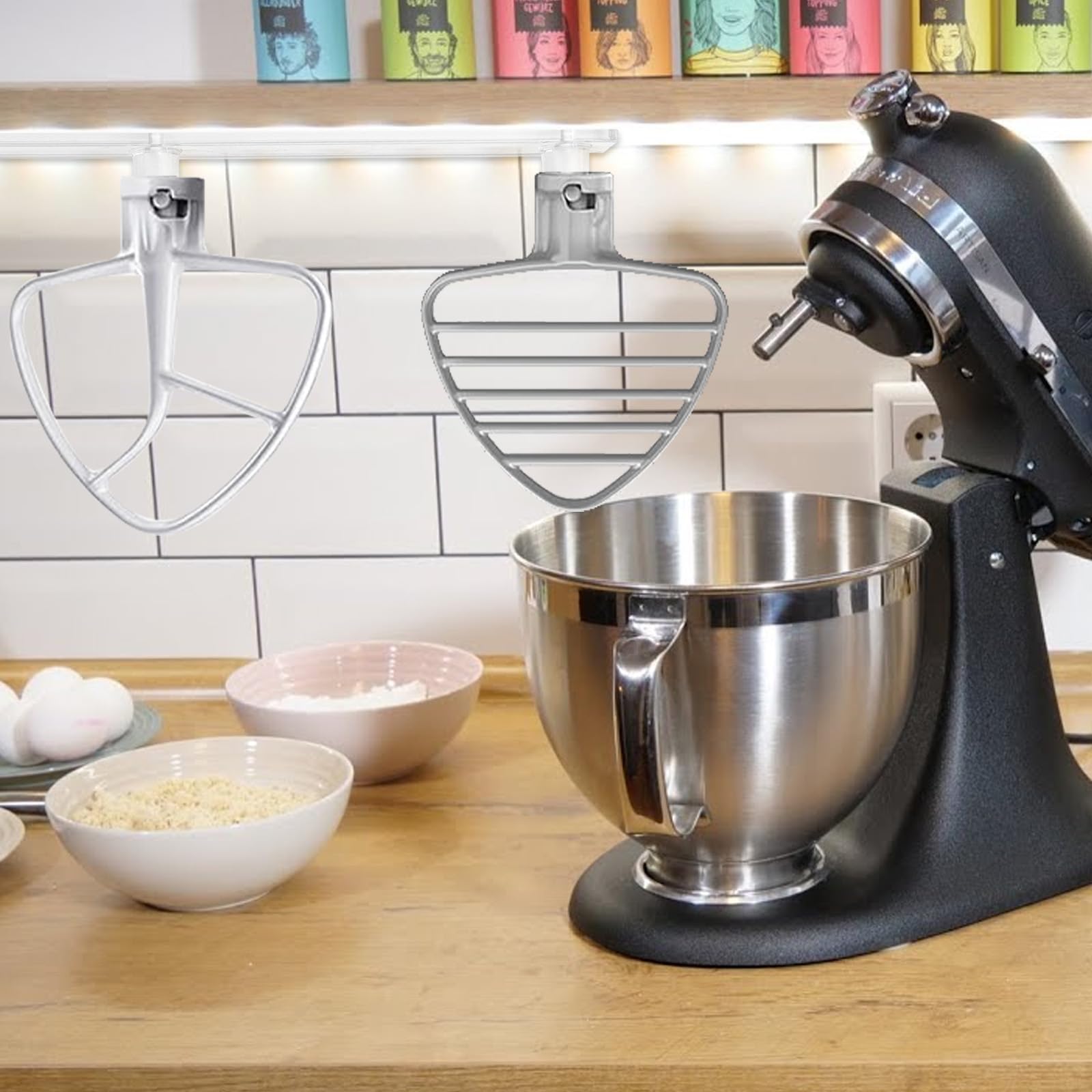 Attachments hang neatly on hooks for fast reach during cooking