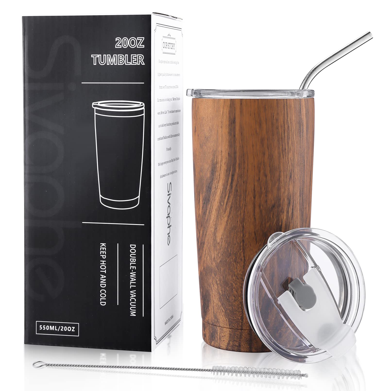 Sivaphe 20 oz wood grain tumbler with lid and straw, ideal for hot coffee on the go