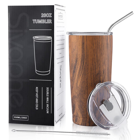 Sivaphe 20 oz wood grain tumbler with lid and straw, ideal for hot coffee on the go