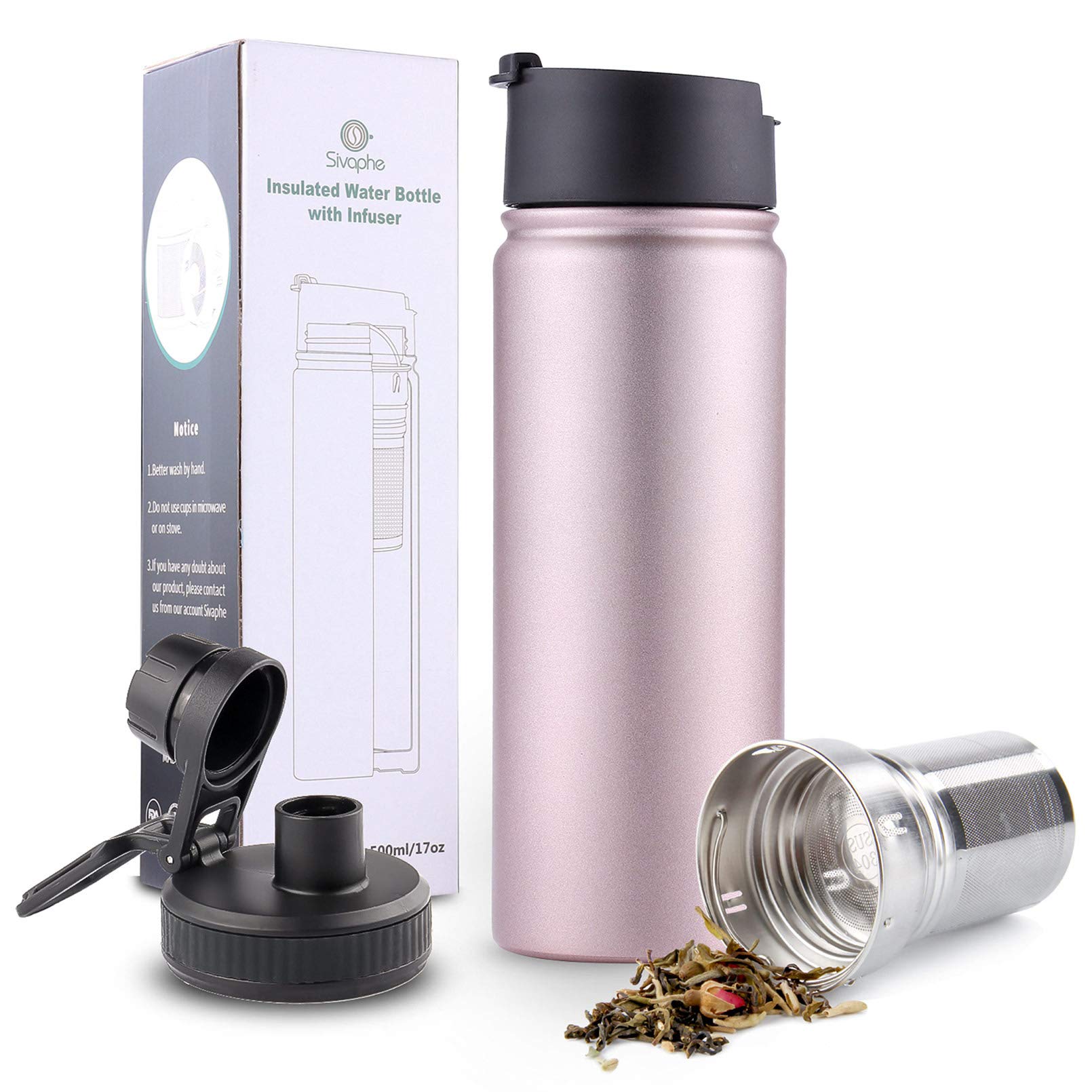Sivaphe infuser travel mug with rose gold finish for on-the-go tea.