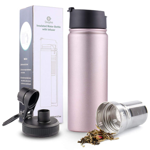 Sivaphe infuser travel mug with rose gold finish for on-the-go tea.