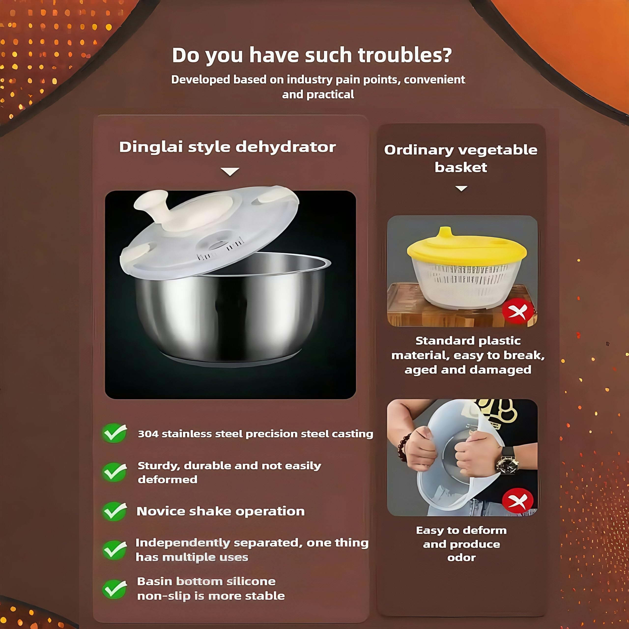 Six-liter stainless steel salad spinner assembled parts indicate easy cleaning.