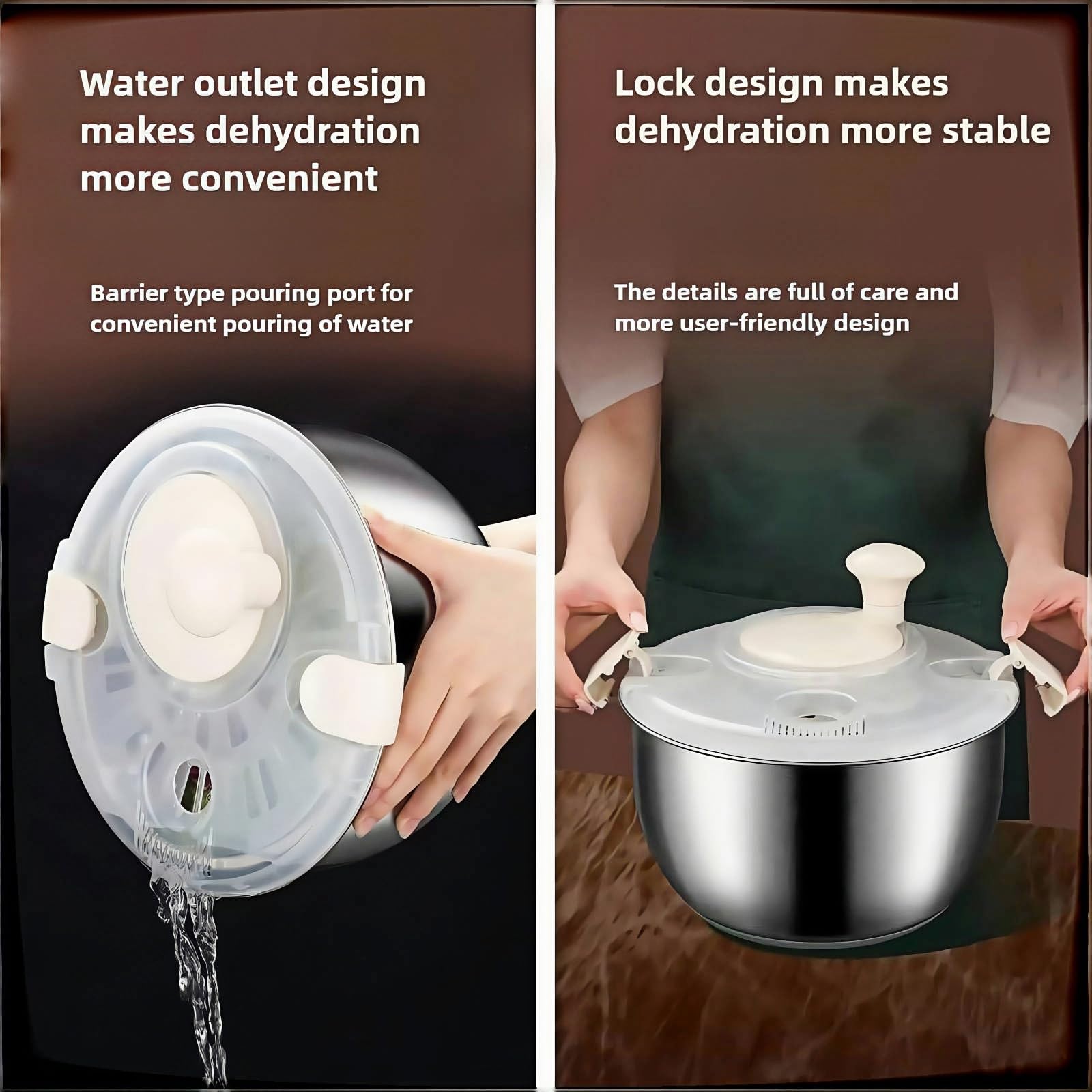 Six-liter stainless steel salad spinner cleaning-internal showcases hygienic disassembly.