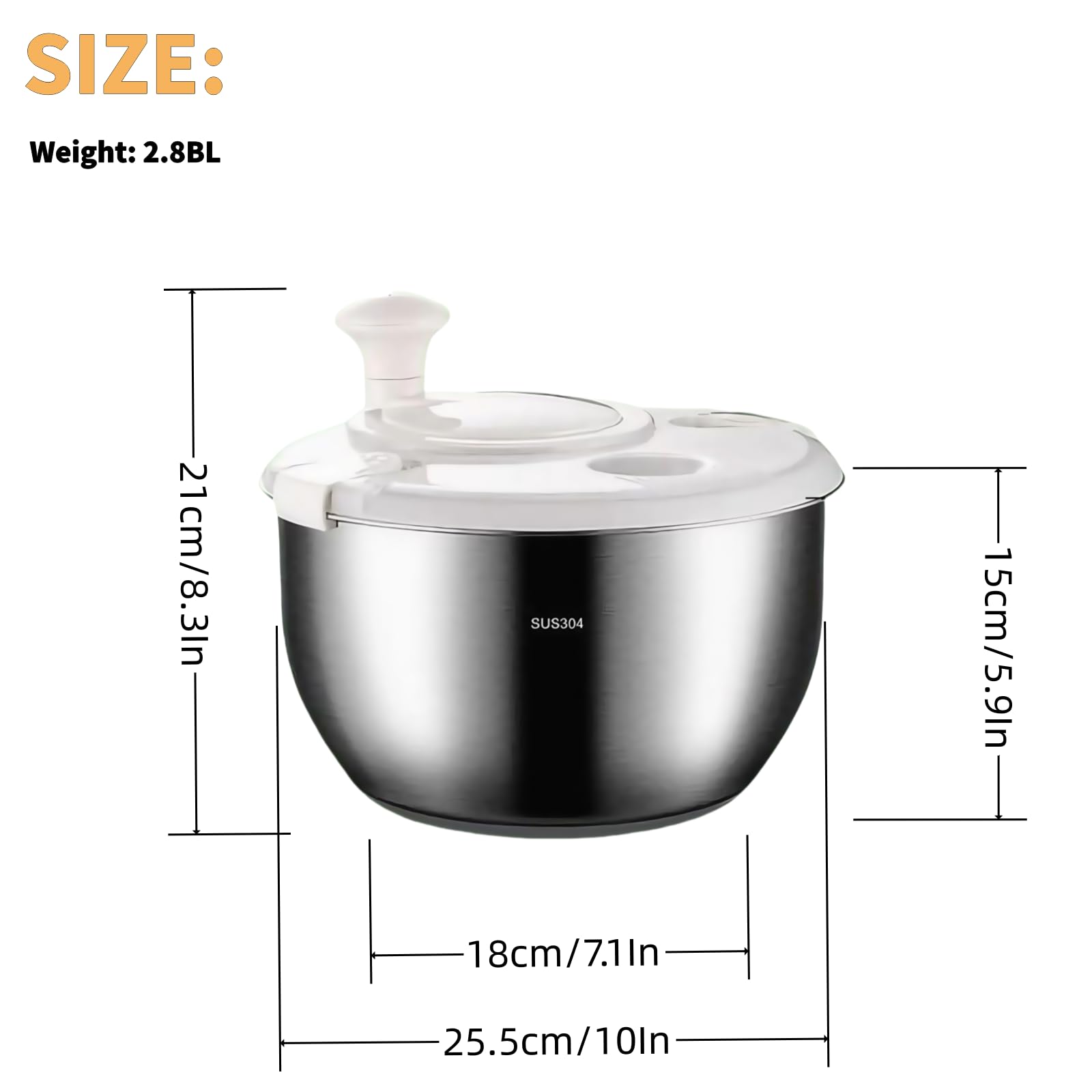 Six-liter stainless steel salad spinner compact-storage emphasizes space-saving design.