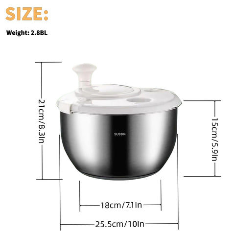 Six-liter stainless steel salad spinner compact-storage emphasizes space-saving design.