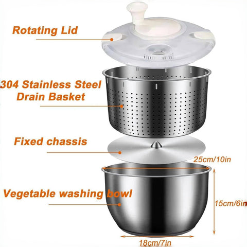 Six-liter stainless steel salad spinner drying basket demonstrates efficient moisture removal.
