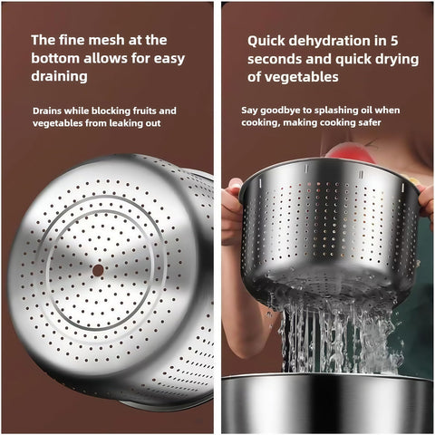 Six-liter stainless steel salad spinner in-use demonstrates quick spin capability.