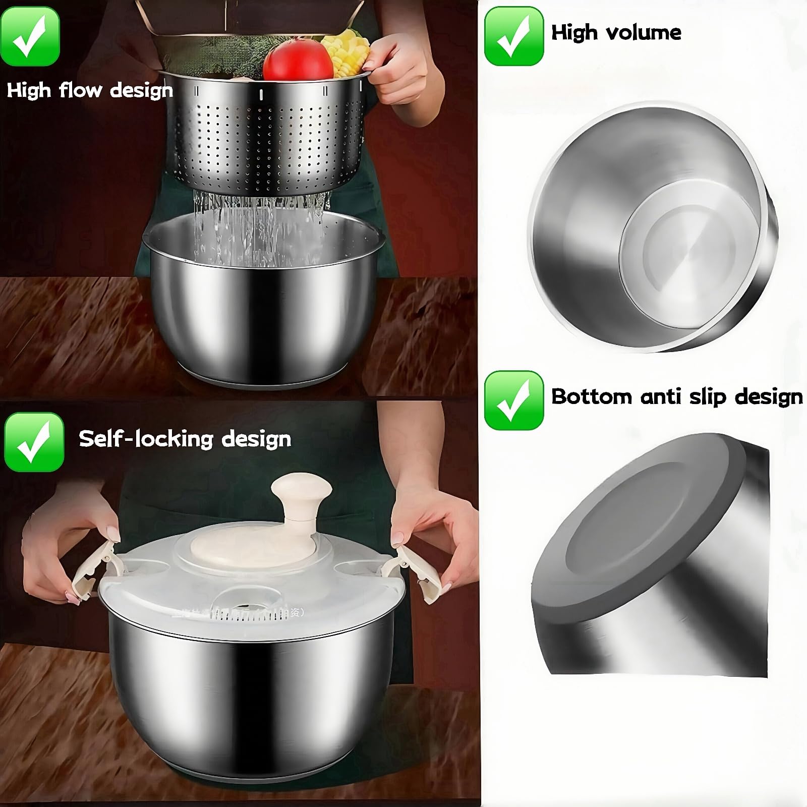 Six-liter stainless steel salad spinner lid close-up shows sturdy construction.