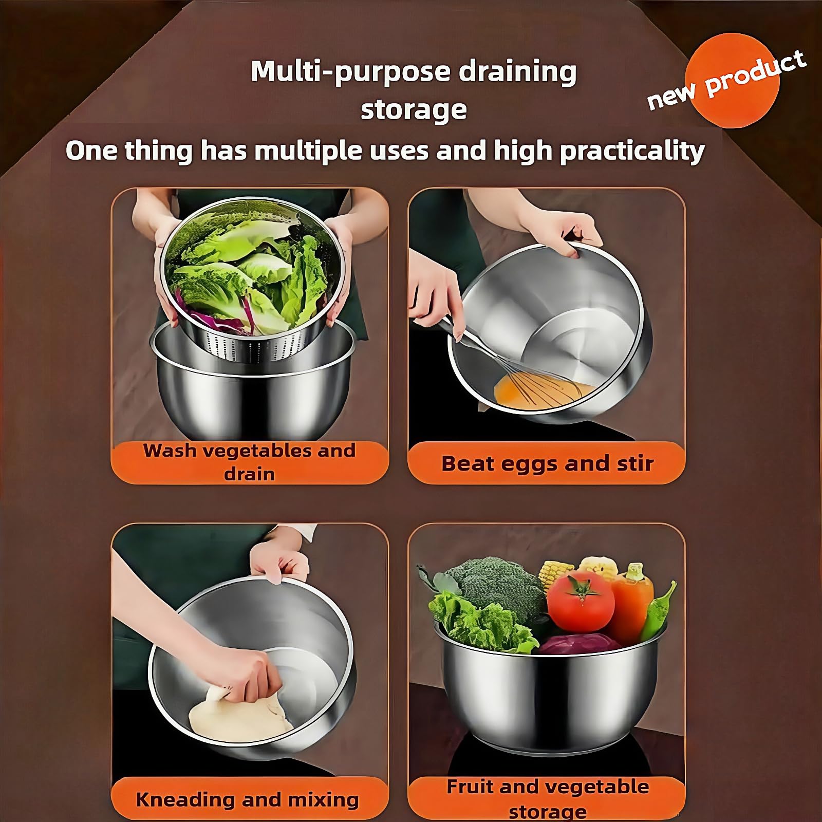 Six-liter stainless steel salad spinner side profile reveals compact footprint.