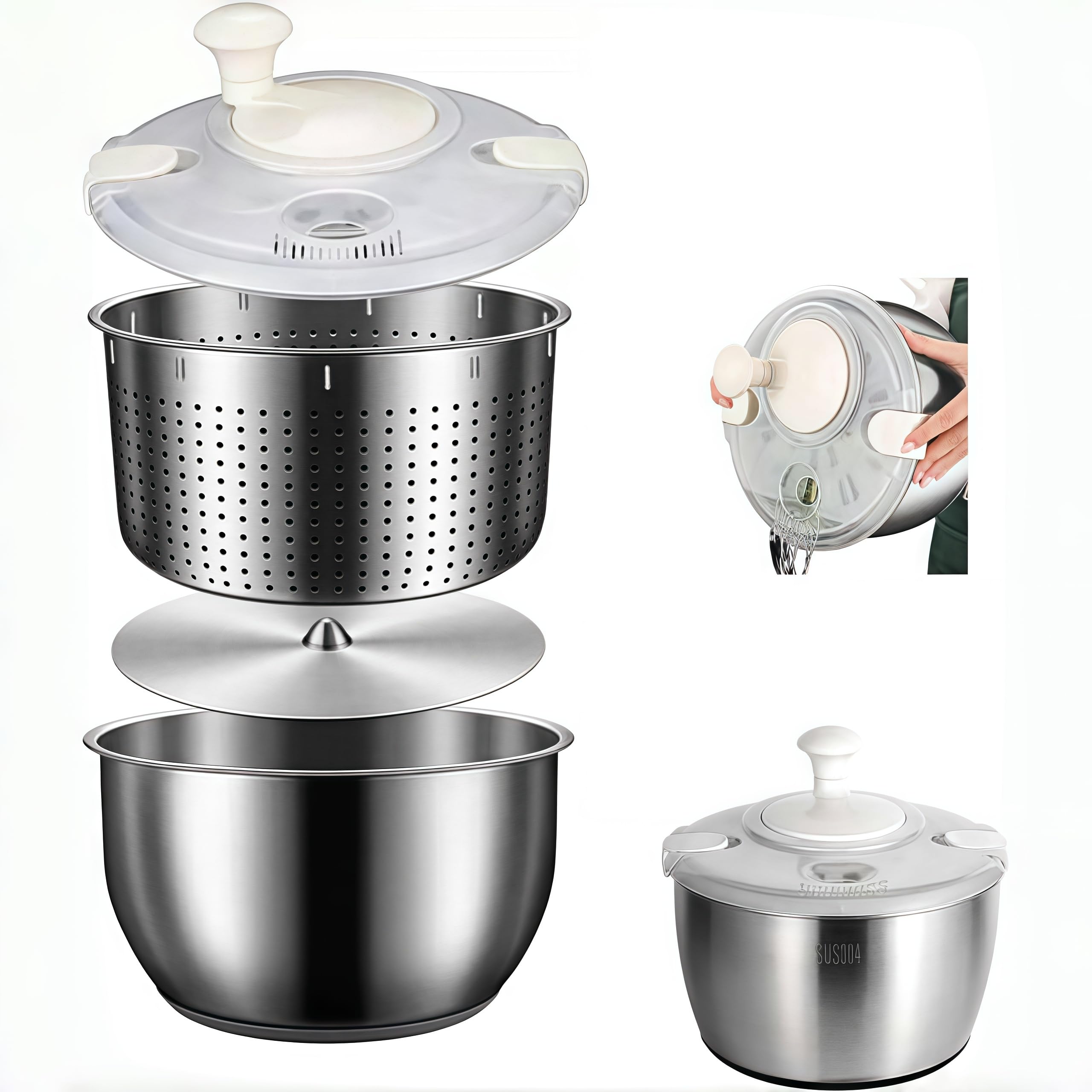 Six-liter stainless steel salad spinner top view highlights large capacity for greens.