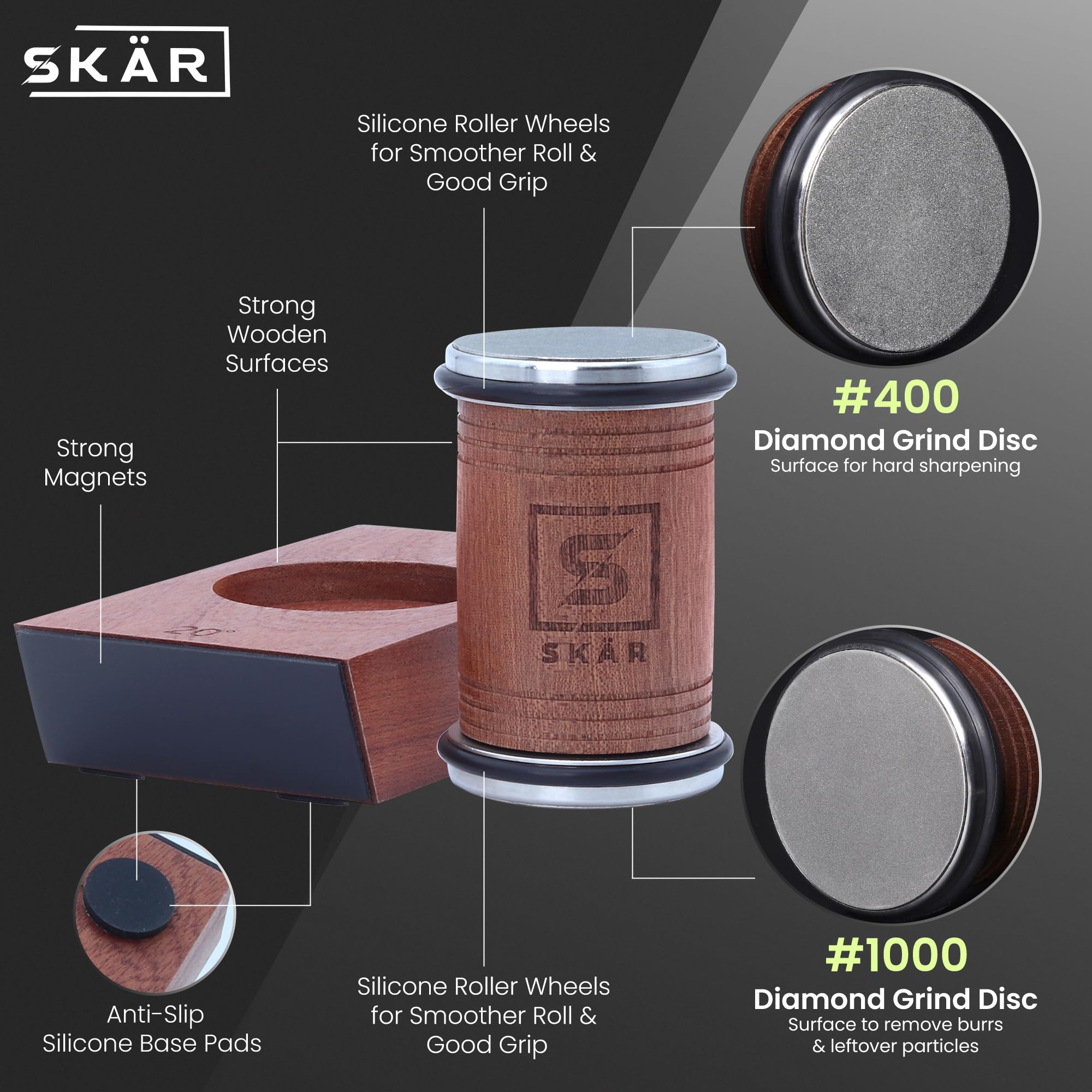SKÄR knife sharpener with diamond disc coarse for fast edge refresh.
