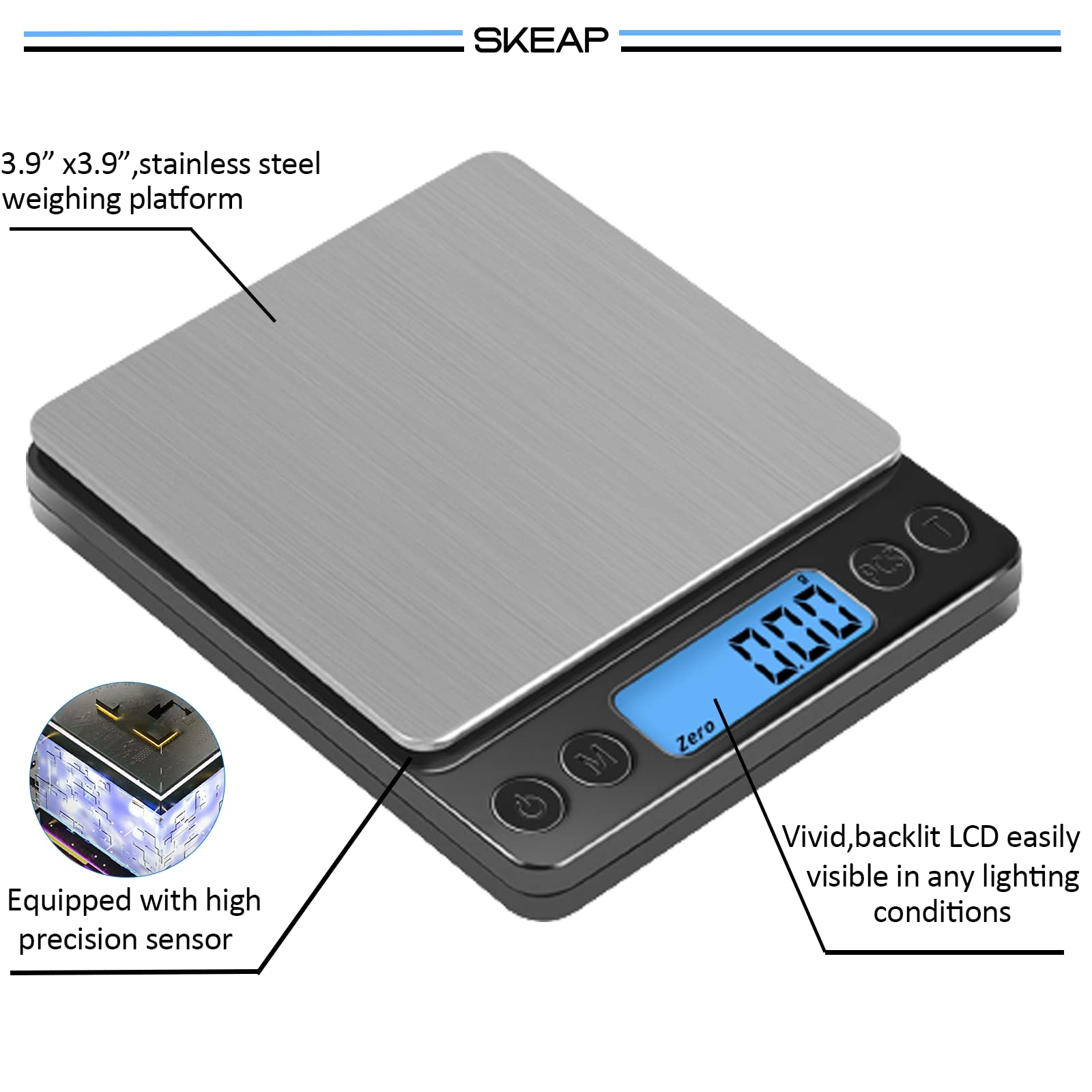 SKEAP Gram Scale backlit display for quick readings in any light