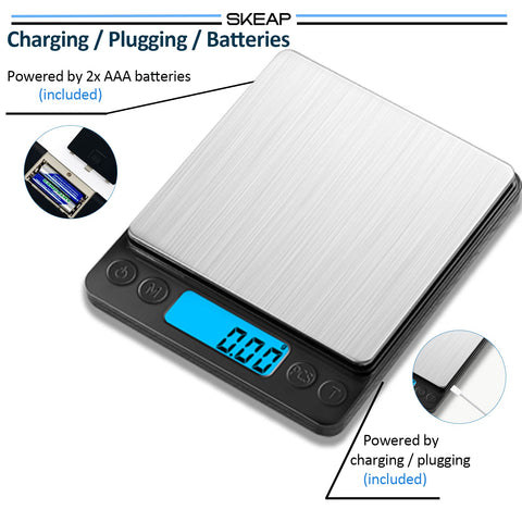 SKEAP Gram Scale includes USB cable and batteries for ready use
