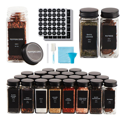 Skiileor 25-piece glass spice jars for organized kitchen storage.