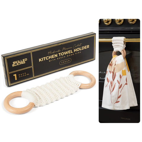 SKILLEDSLICING cream hanging towel holder closeup shows handmade crochet for stylish organization.