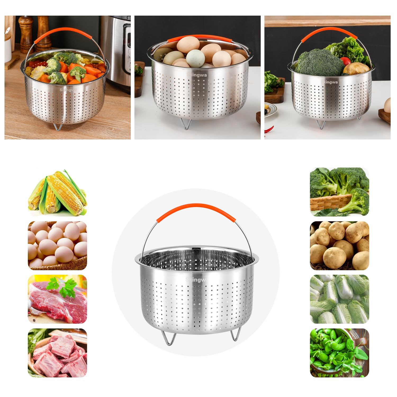 Skingwa vegetable-steamer-basket insert in action for even veggie steaming.
