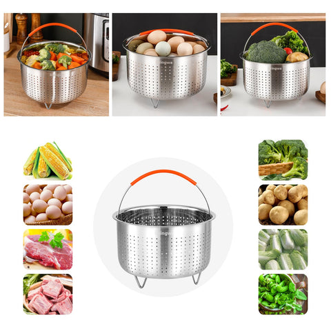 Skingwa vegetable-steamer-basket insert in action for even veggie steaming.