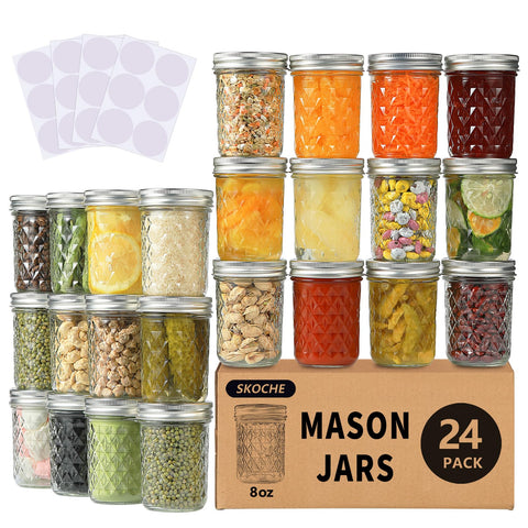 SKOCHE 8oz mason jar with regular lids for reliable canning and storage.