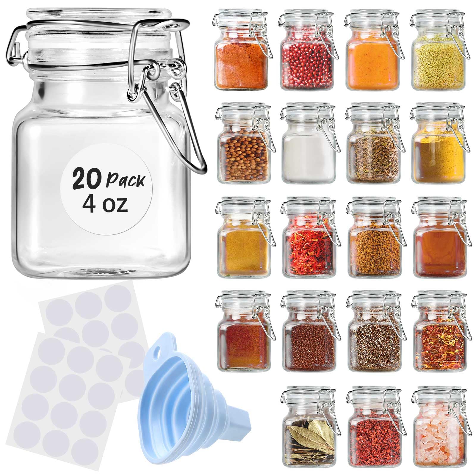 SKOCHE 20-pack spice jars with square glass for organized kitchen storage.